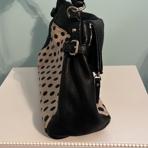 Kate Spade handbag in black leather and khaki canvas with polka dot print - Picture 4 of 5